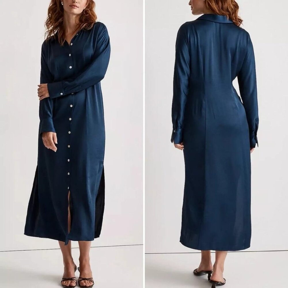 MADEWELL Shirtdress Button Front Long Sleeve Midi Satin Blue size 14